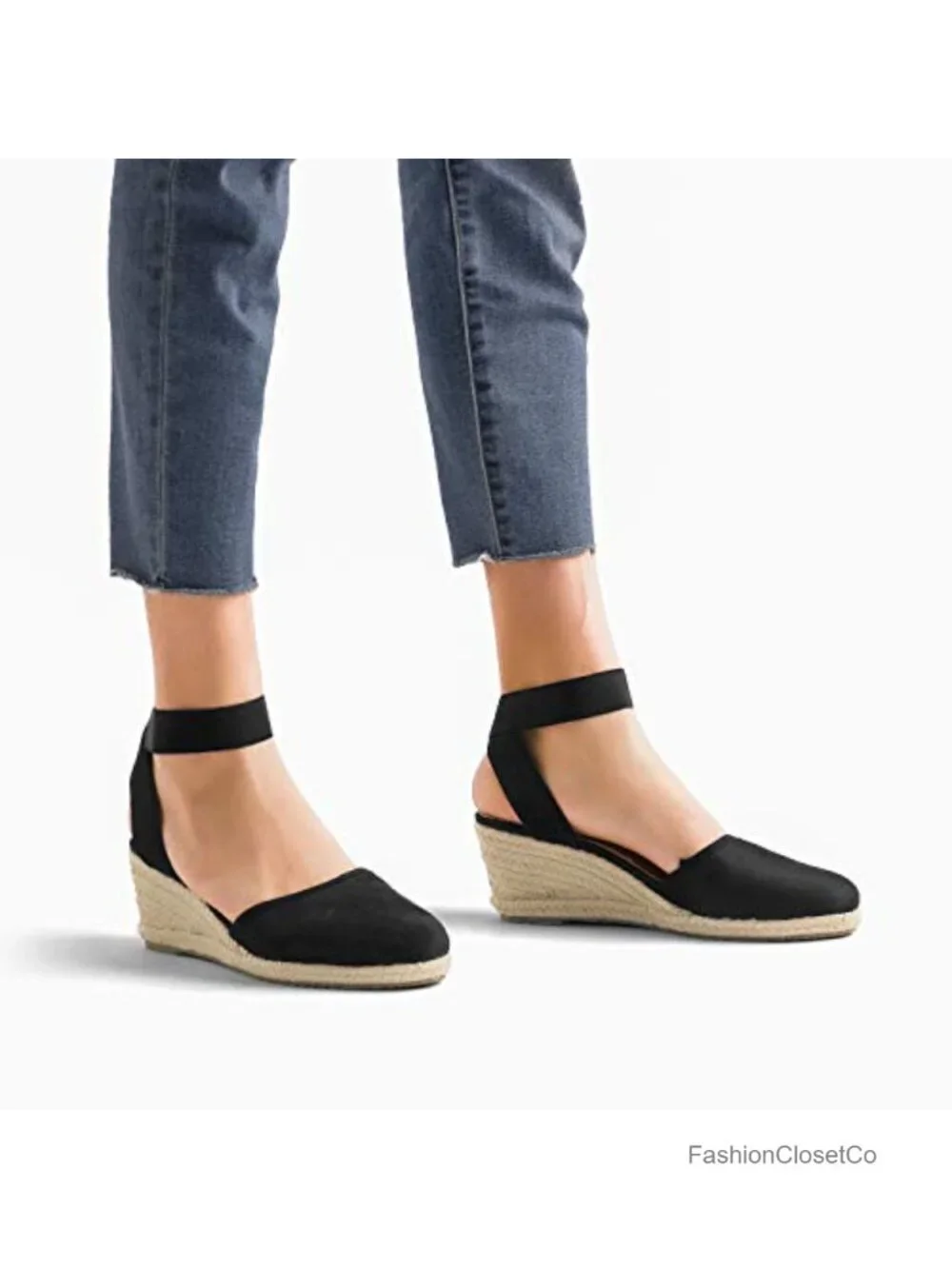 Elastic Ankle Strap Espadrilles Wedge Sandals with Fabric Upper and Cushioned